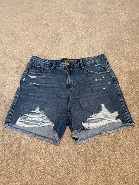 Judy Blue Distressed High-Rise Denim Shorts - Dark Blue